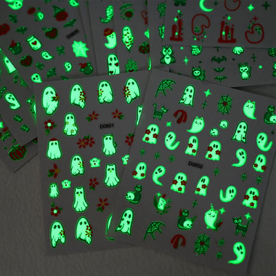 12Sheets Halloween Luminous Nail Art Stickers Cartoon Ghost /Pumpkin/Spider/Bat/Skull/Black-Cat Decals Manicure Adhesive Sliders