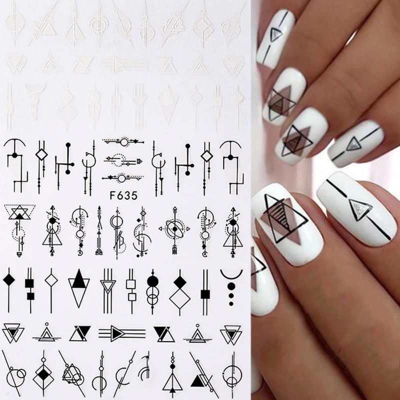 Black White Line Flower 3D Nail Sticker Nail Art Supplies Bronzing Geometric Pattern Sticker Nail Decals Nail Parts Manicure