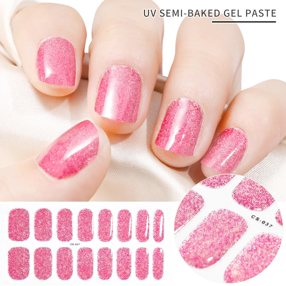 Semi-Cured Gel Nail Sticker 16Tips Glitter Pink UV Gel Nail Glitter Stickers Full Cover Long-Lasting UV Lamp Cured Manicure Tips
