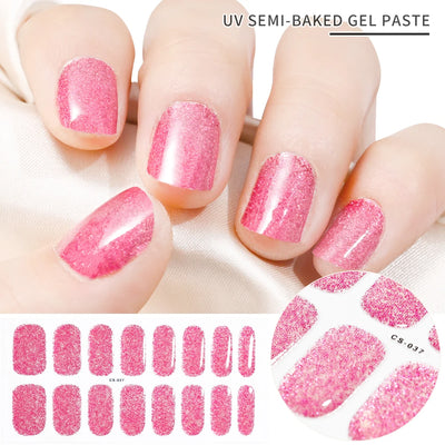 Semi-Cured Gel Nail Sticker 16Tips Glitter Pink UV Gel Nail Glitter Stickers Full Cover Long-Lasting UV Lamp Cured Manicure Tips