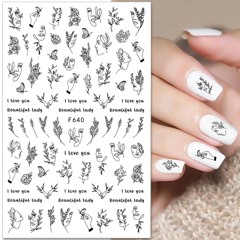 Black White Line Flower 3D Nail Sticker Nail Art Supplies Bronzing Geometric Pattern Sticker Nail Decals Nail Parts Manicure