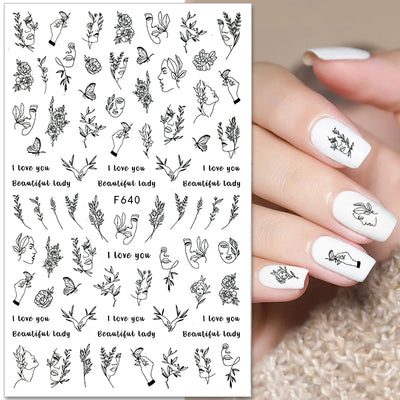 Black White Line Flower 3D Nail Sticker Nail Art Supplies Bronzing Geometric Pattern Sticker Nail Decals Nail Parts Manicure