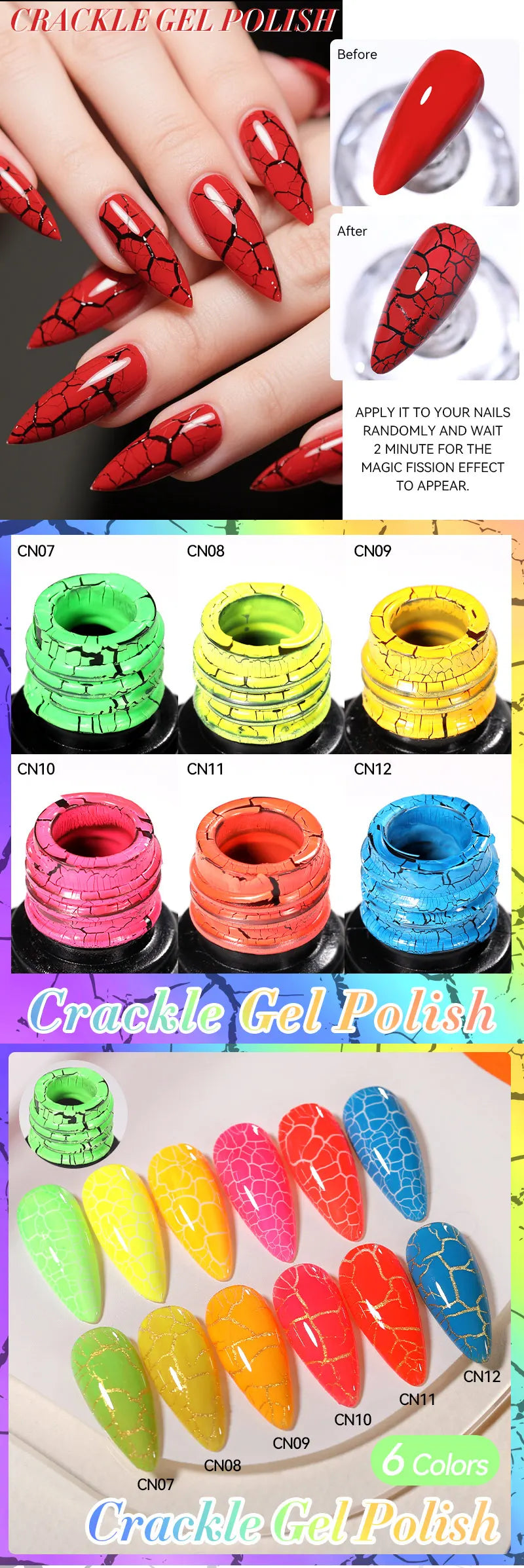 LILYCUTE 7ml Fluorescent Crackle Gel Nail Polish Summer Neon Red Green Vernis Semi Permanent UV Gel Nail Art Manicure For Nails