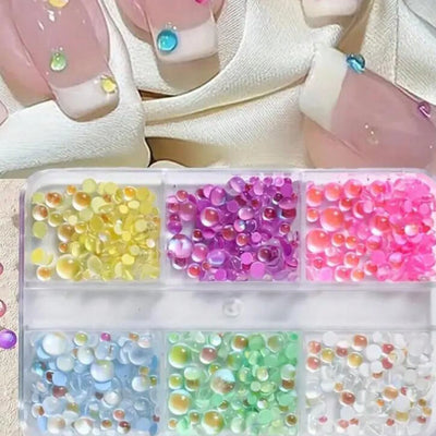 1Box Rainbow Mermaid Tears Nail Art Charms Macaron Bubble Beads Nail Art for Summer Aurora Half Spherical Glass Nail Decorations