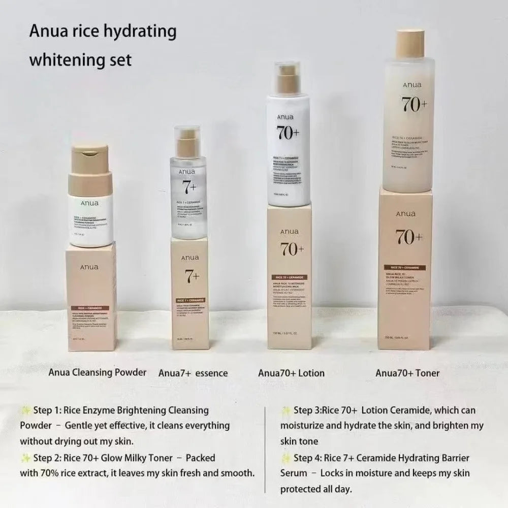 Anua Rice Hydrating Whitening Set Rice 70 Glow Milky Toner Face Acne Moisturizing Milk Lotion 7 Hydration Serum Daily Skin Care