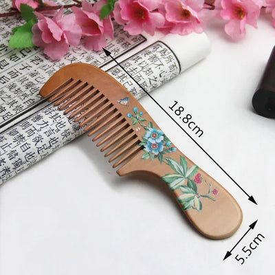 1Pcs Peach Wood Comb Flower Painted Anti-Static Natural Head Massage Comb Handmade Wooden Hair Comb Hair Styling Tools For Gift