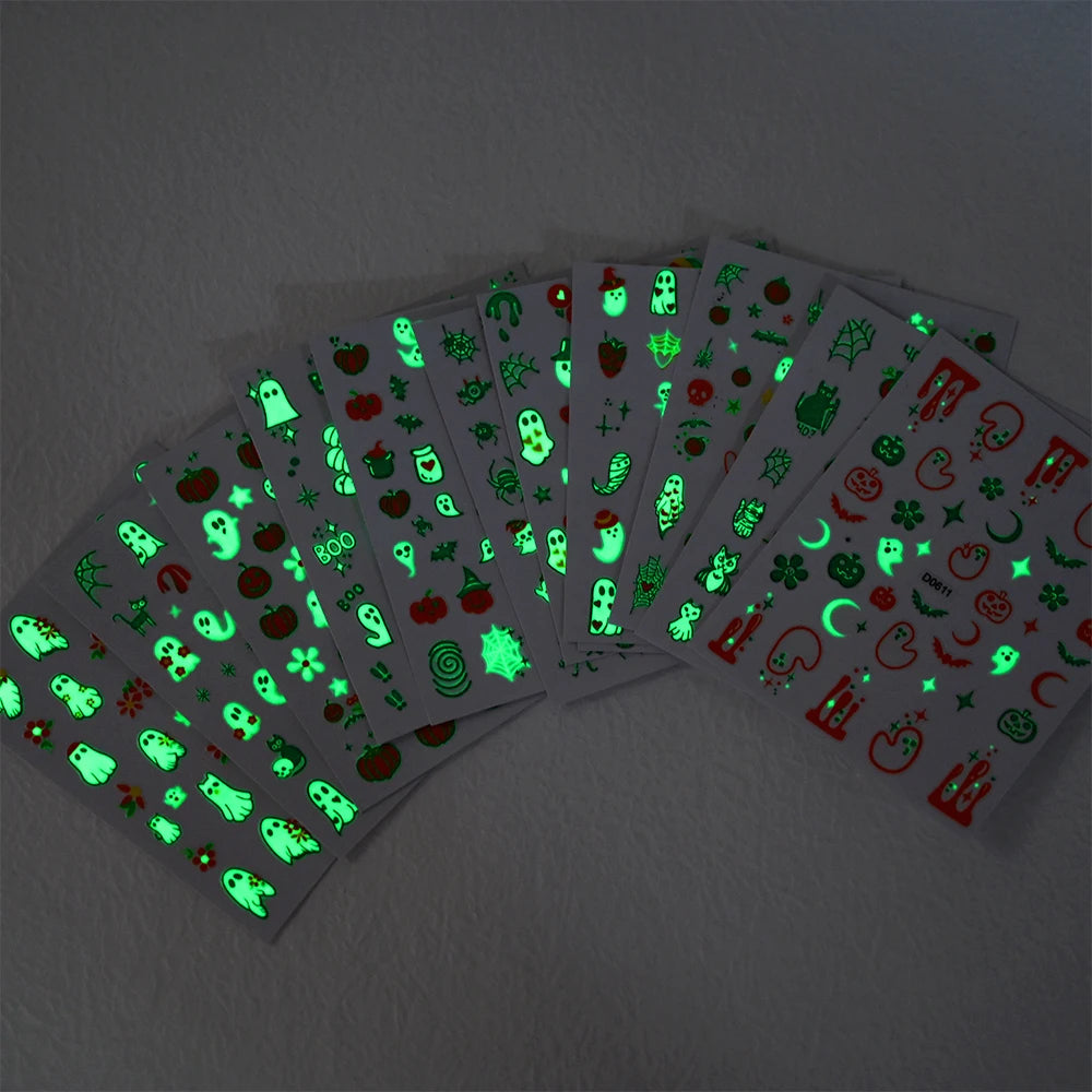 12Sheets Halloween Luminous Nail Art Stickers Cartoon Ghost /Pumpkin/Spider/Bat/Skull/Black-Cat Decals Manicure Adhesive Sliders
