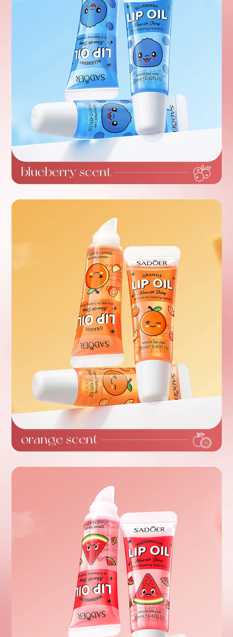 3pcs/set SADOER Crystal Jelly Lip Oil Hydrating Plumps Lip Gloss Cute Makeup Lipsticks Clear Serum Fruit Lip Balm Cosmetics Sets