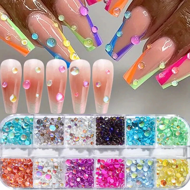 1Box Rainbow Mermaid Tears Nail Art Charms Macaron Bubble Beads Nail Art for Summer Aurora Half Spherical Glass Nail Decorations