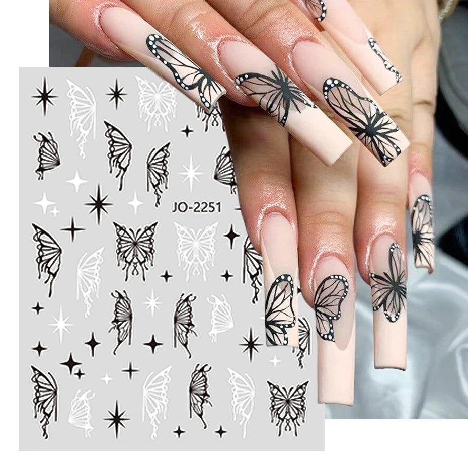 Black White Line Flower 3D Nail Sticker Nail Art Supplies Bronzing Geometric Pattern Sticker Nail Decals Nail Parts Manicure