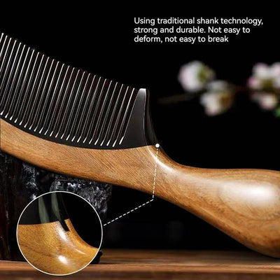 Handmade Natural Green Sandalwood with Buffalo Horn Hair Comb Anti-Static Fine Wide Tooth Hair Detangler Head Scalp Massage