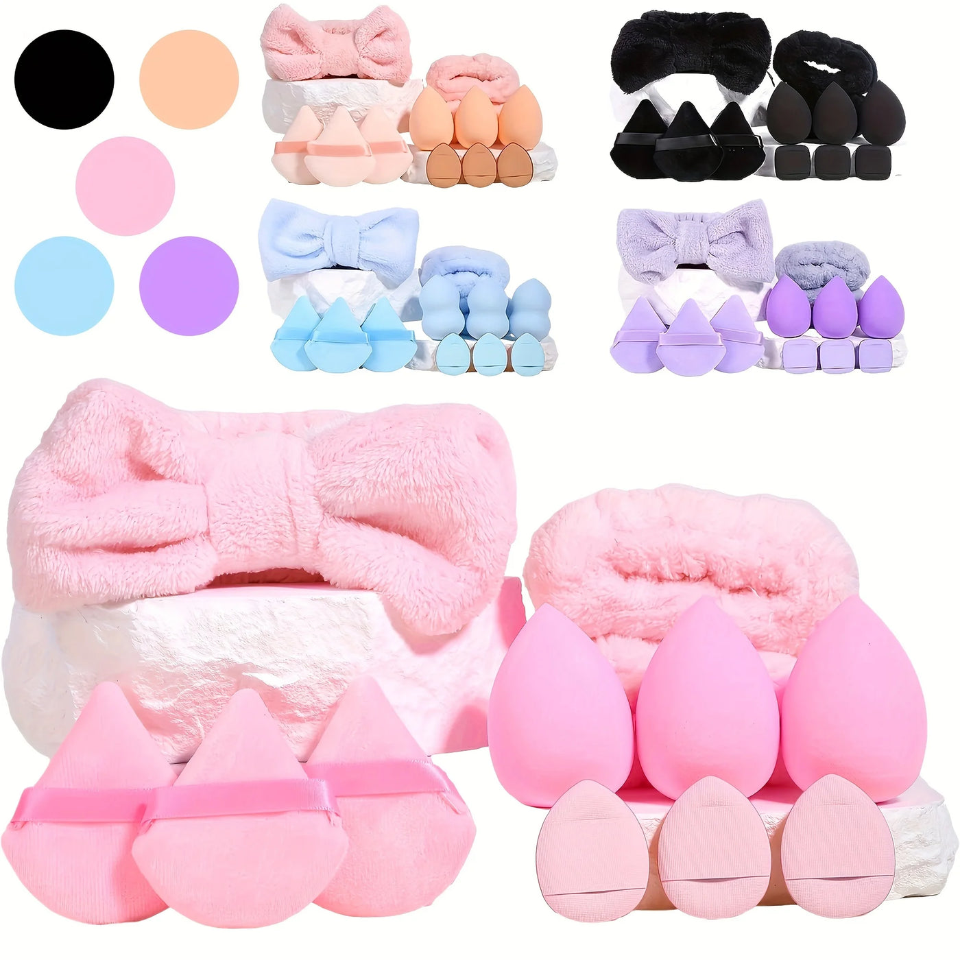 12pcs Multi-colored Fluffy Headband and Makeup Sponge Set-Sweet Style, Perfect Beauty Assistant