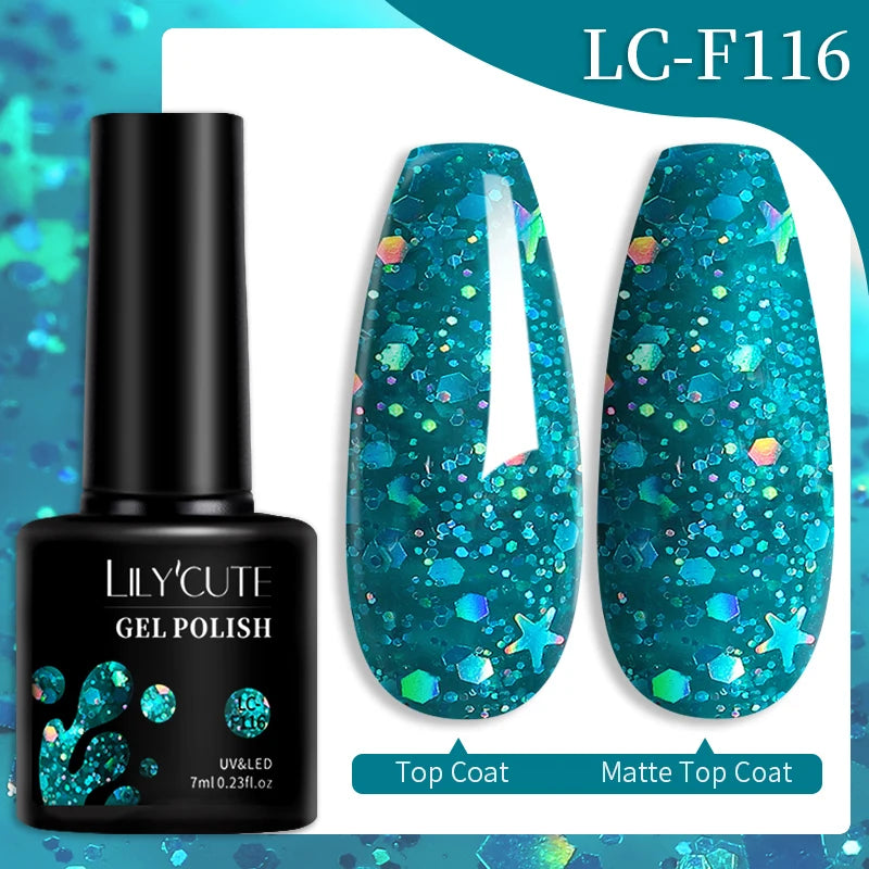 Lilycute Auroras Effect Gel Nail Polish Top Coat Summer Purple Spar Glitter Laser Semi Permanent Soak Off Nail Art Gel Varnish