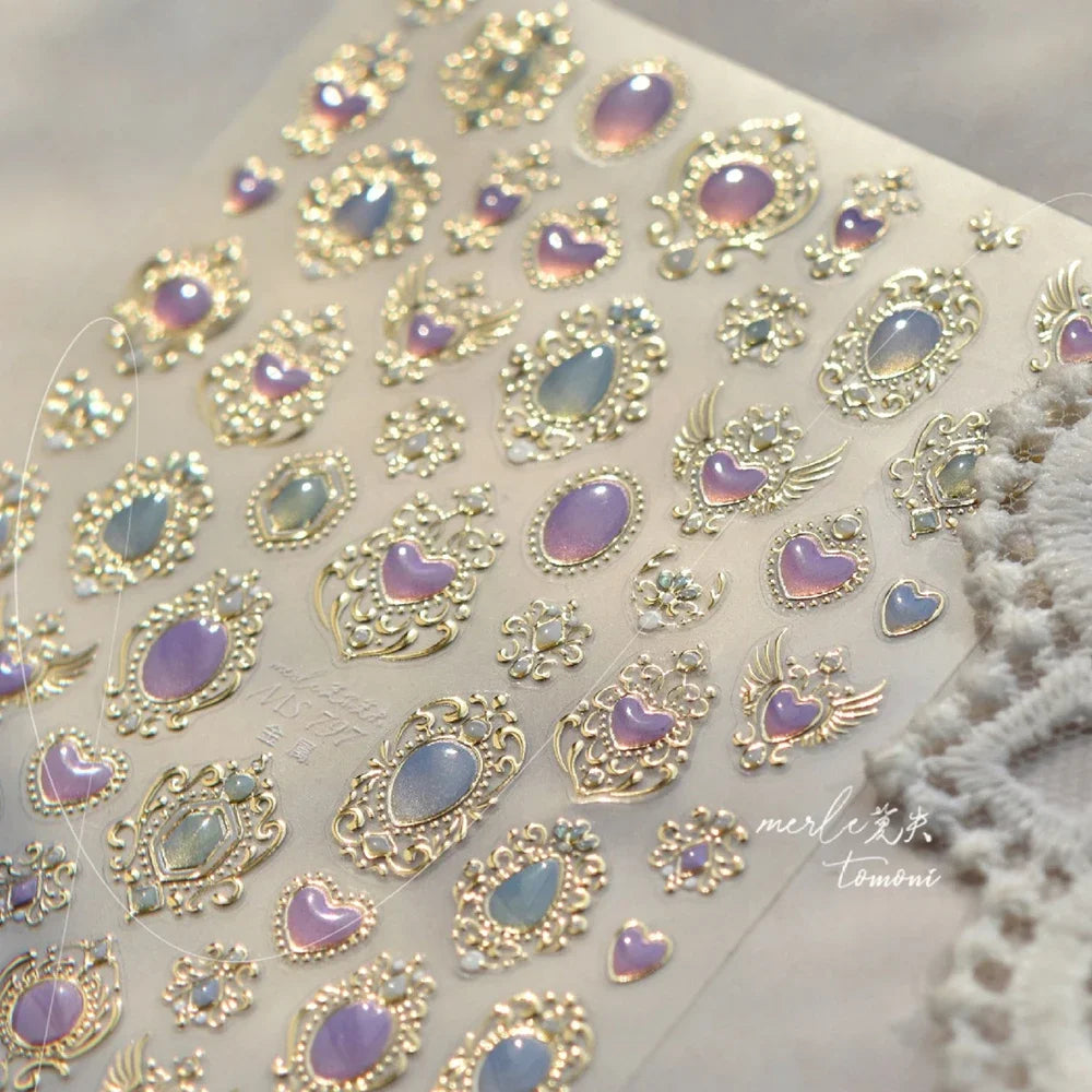 Cat's Eye 5D Gradient European Love Heart Gem Wing Crystal Geometric Colorful Self Adhesive Nail Art Stickers Manicure Decals