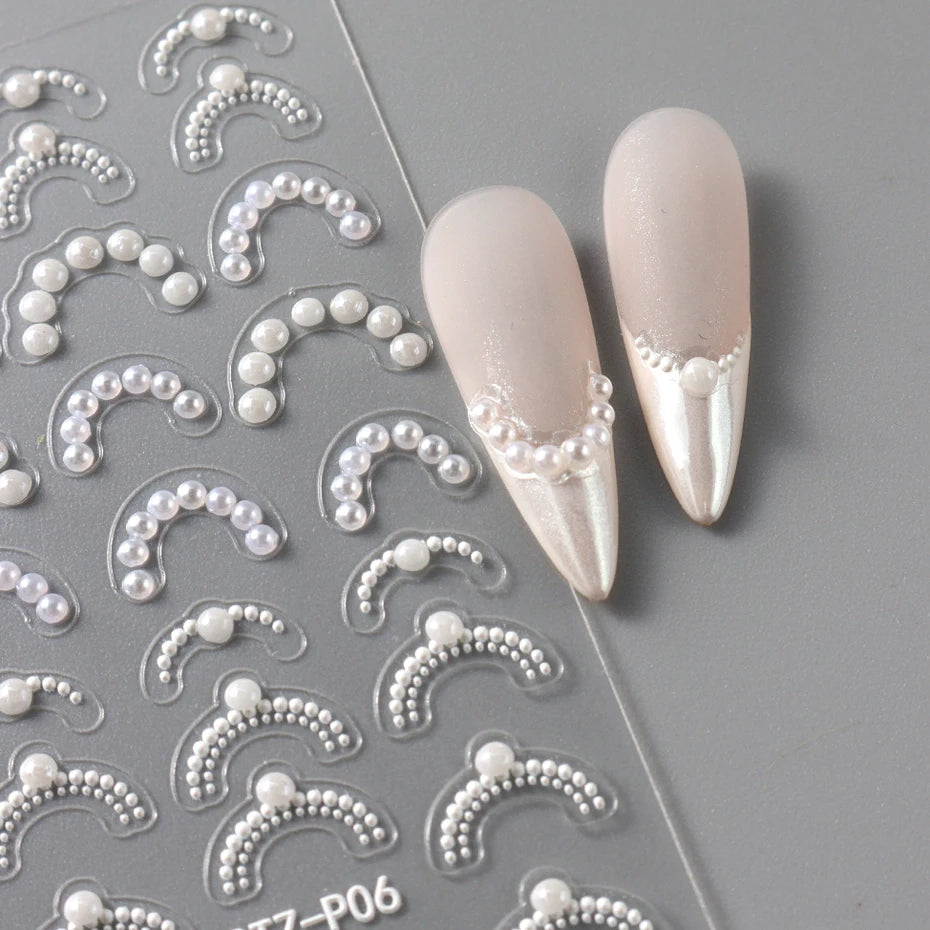 White 5D Pearl Lace Wave Lines Nail Art Stickers Elegant Exquisite Nail Decoration Decals Self Adhesive Transfer Slider Manicure