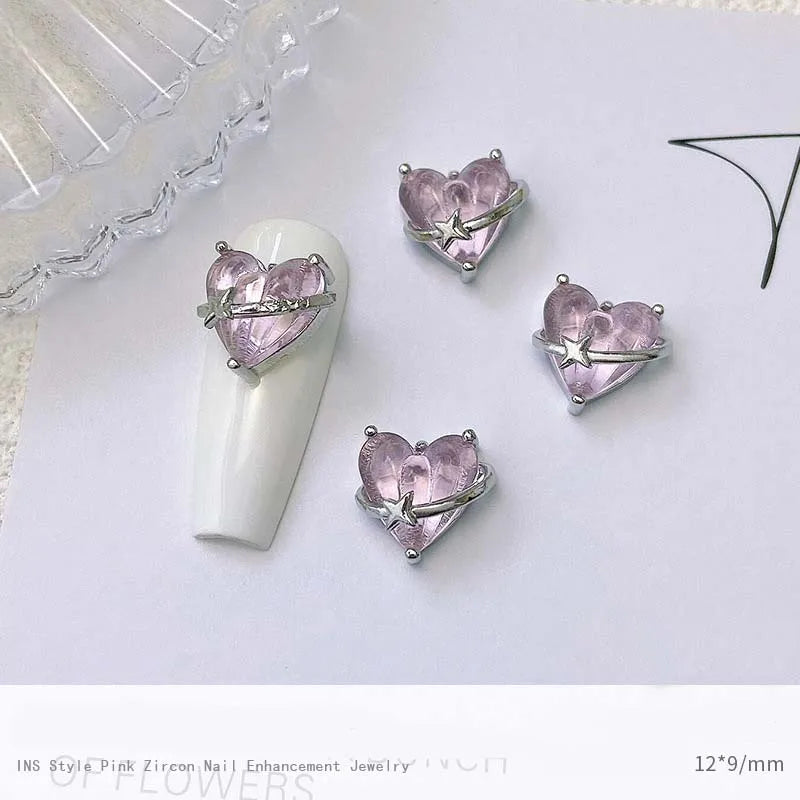 5pcs Pink Zircon Alloy Love Nail Art Charm 3D Bow Heart Moon Butterfly Planet Nail Decoration DIY Simple Design Nail Accessories