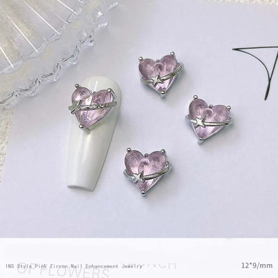 5pcs Pink Zircon Alloy Love Nail Art Charm 3D Bow Heart Moon Butterfly Planet Nail Decoration DIY Simple Design Nail Accessories