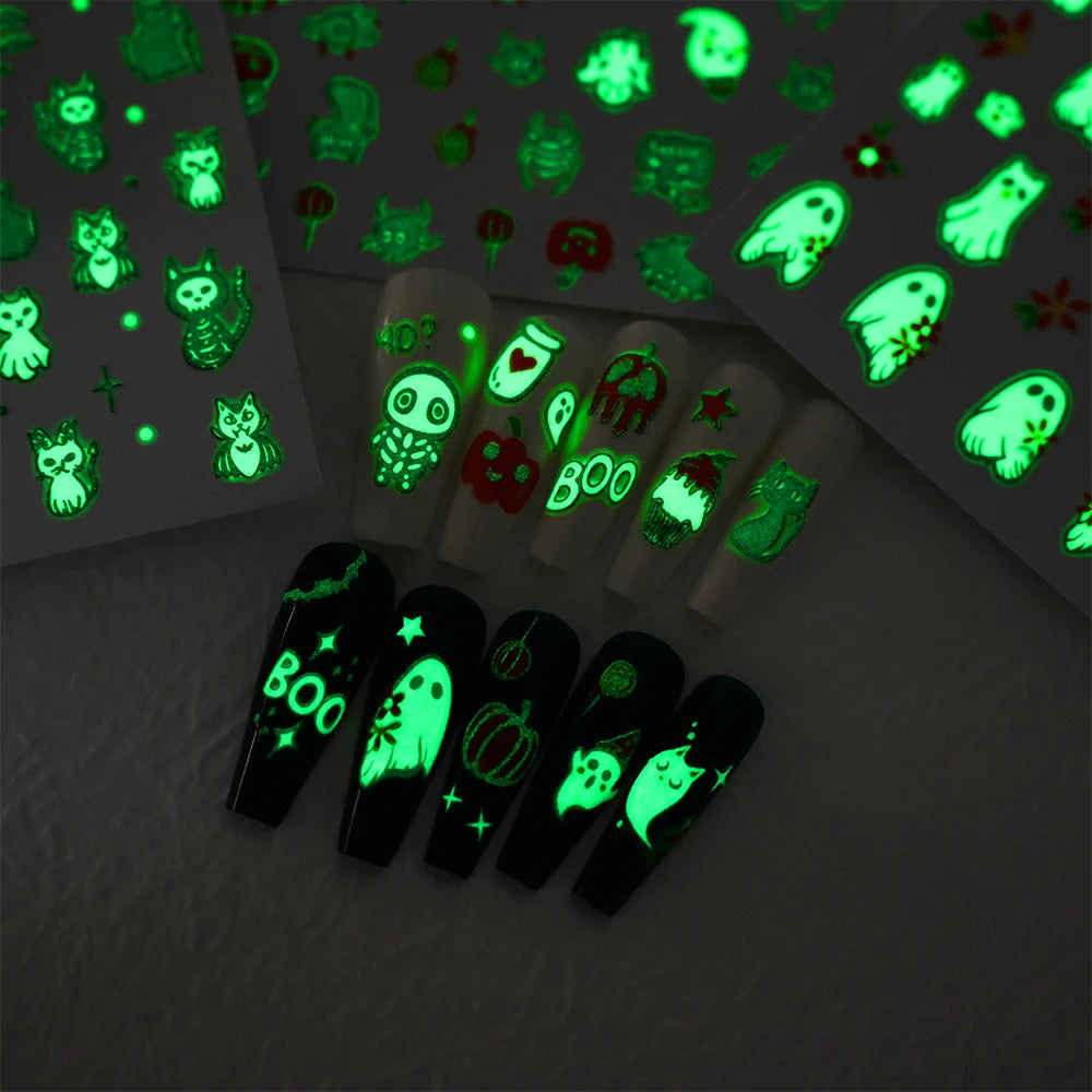 12Sheets Halloween Luminous Nail Art Stickers Cartoon Ghost /Pumpkin/Spider/Bat/Skull/Black-Cat Decals Manicure Adhesive Sliders