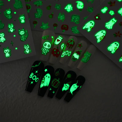12Sheets Halloween Luminous Nail Art Stickers Cartoon Ghost /Pumpkin/Spider/Bat/Skull/Black-Cat Decals Manicure Adhesive Sliders