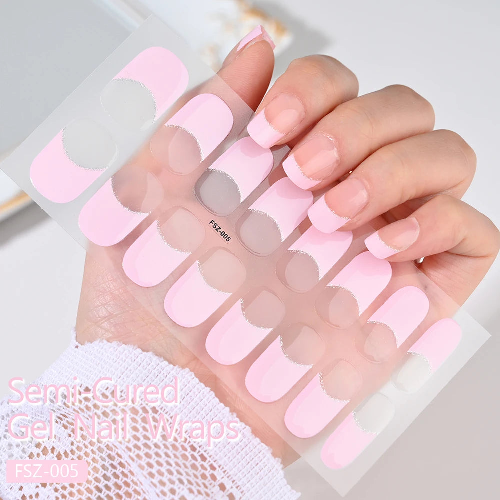 Semi-Cured Gel Nail Sticker 16Tips Glitter Pink UV Gel Nail Glitter Stickers Full Cover Long-Lasting UV Lamp Cured Manicure Tips