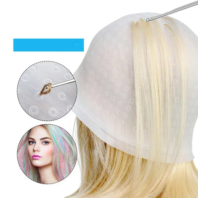 DIY Salon Dye Silicone Cap With Needle Hair Coloring Cap Hair Highlights Hat Reusable Soft Durable Hair Dye Tool Dye