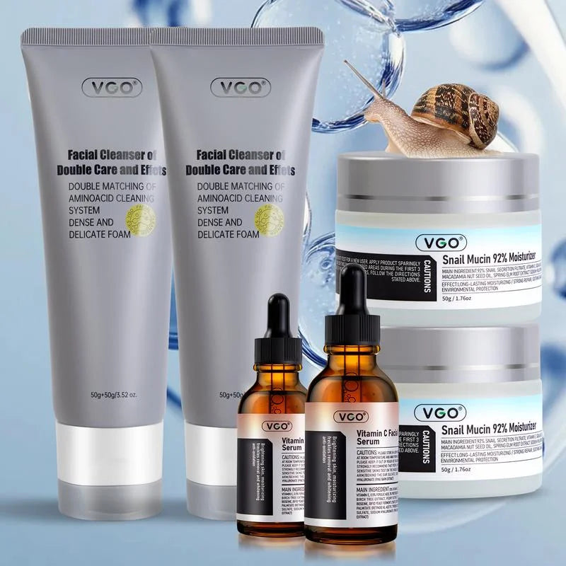 VGO Skincare Set – Vitamin C Serum + 92% Snail Mucin Moisturizer + Dual-Action Cleanser – Brightening Hydrating & Deep Cleansing