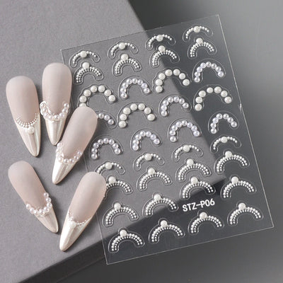White 5D Pearl Lace Wave Lines Nail Art Stickers Elegant Exquisite Nail Decoration Decals Self Adhesive Transfer Slider Manicure