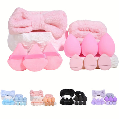 12pcs Multi-colored Fluffy Headband and Makeup Sponge Set-Sweet Style, Perfect Beauty Assistant