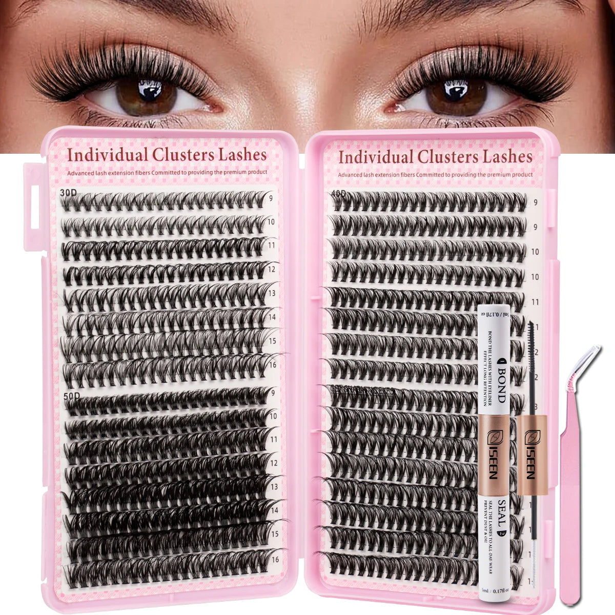 Eyelash Extension Kit DIY Eyelash Clusters Large Capacity Mix Styles Individual Lashes Kit with Lash Tweezers for Self Use