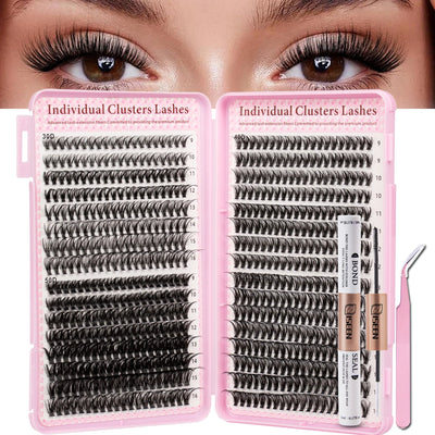 Eyelash Extension Kit DIY Eyelash Clusters Large Capacity Mix Styles Individual Lashes Kit with Lash Tweezers for Self Use