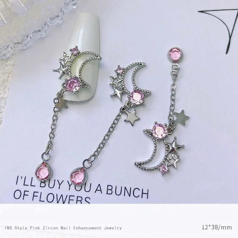 5pcs Pink Zircon Alloy Love Nail Art Charm 3D Bow Heart Moon Butterfly Planet Nail Decoration DIY Simple Design Nail Accessories