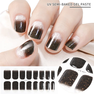 Semi-Cured Gel Nail Sticker 16Tips Glitter Pink UV Gel Nail Glitter Stickers Full Cover Long-Lasting UV Lamp Cured Manicure Tips