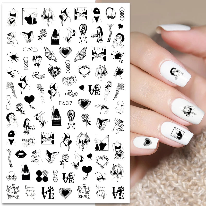 Black White Line Flower 3D Nail Sticker Nail Art Supplies Bronzing Geometric Pattern Sticker Nail Decals Nail Parts Manicure