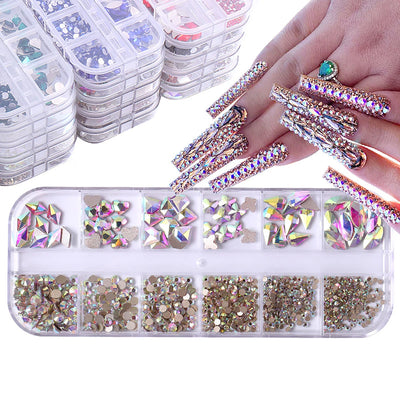 12 palace grid / 1 box of transparent plating bottom nail water diamond heart, water drop, and other size mixed nail flat bottom