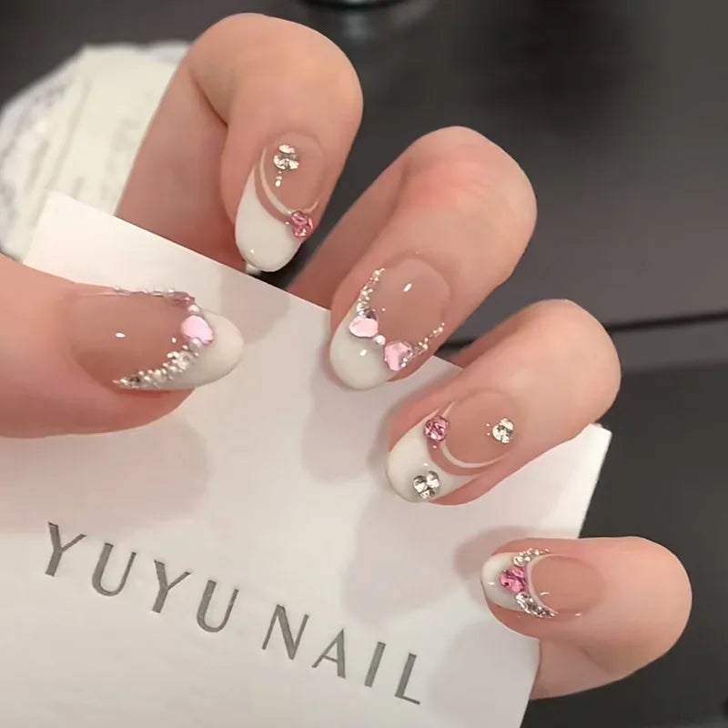 10Pcs Handmade Press On Nails Short Oval Glitter French Fake Nails Full Cover Pink 3D Bow Diamond  Design Wearable Nail Tips Art