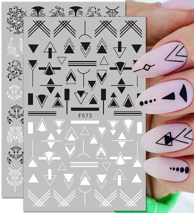Black White Line Flower 3D Nail Sticker Nail Art Supplies Bronzing Geometric Pattern Sticker Nail Decals Nail Parts Manicure
