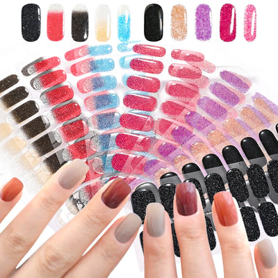 Semi-Cured Gel Nail Sticker 16Tips Glitter Pink UV Gel Nail Glitter Stickers Full Cover Long-Lasting UV Lamp Cured Manicure Tips