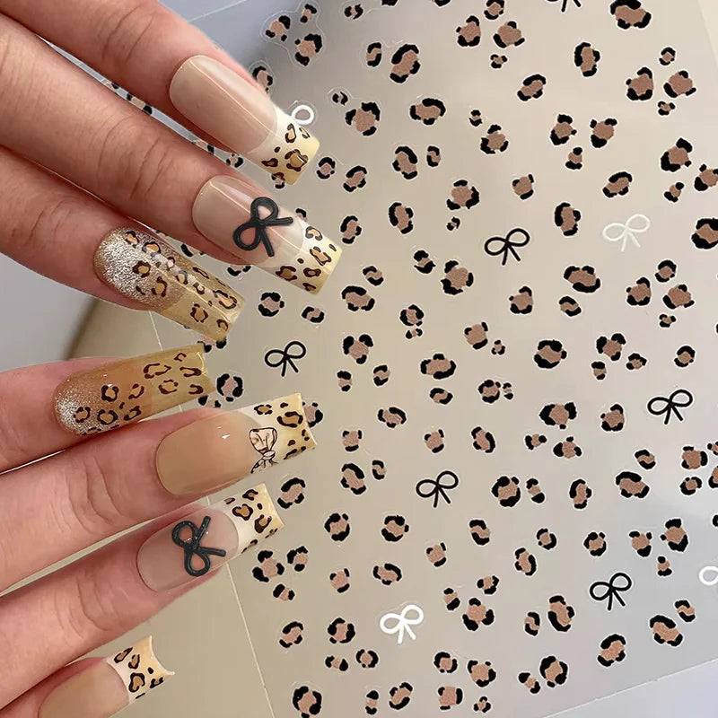 3D Leopard Print Nail Stickers Cute Kawaii Animal Print Gold Black Bow Nails Art Decals DIY Sexy Manicure Stickers Supplies