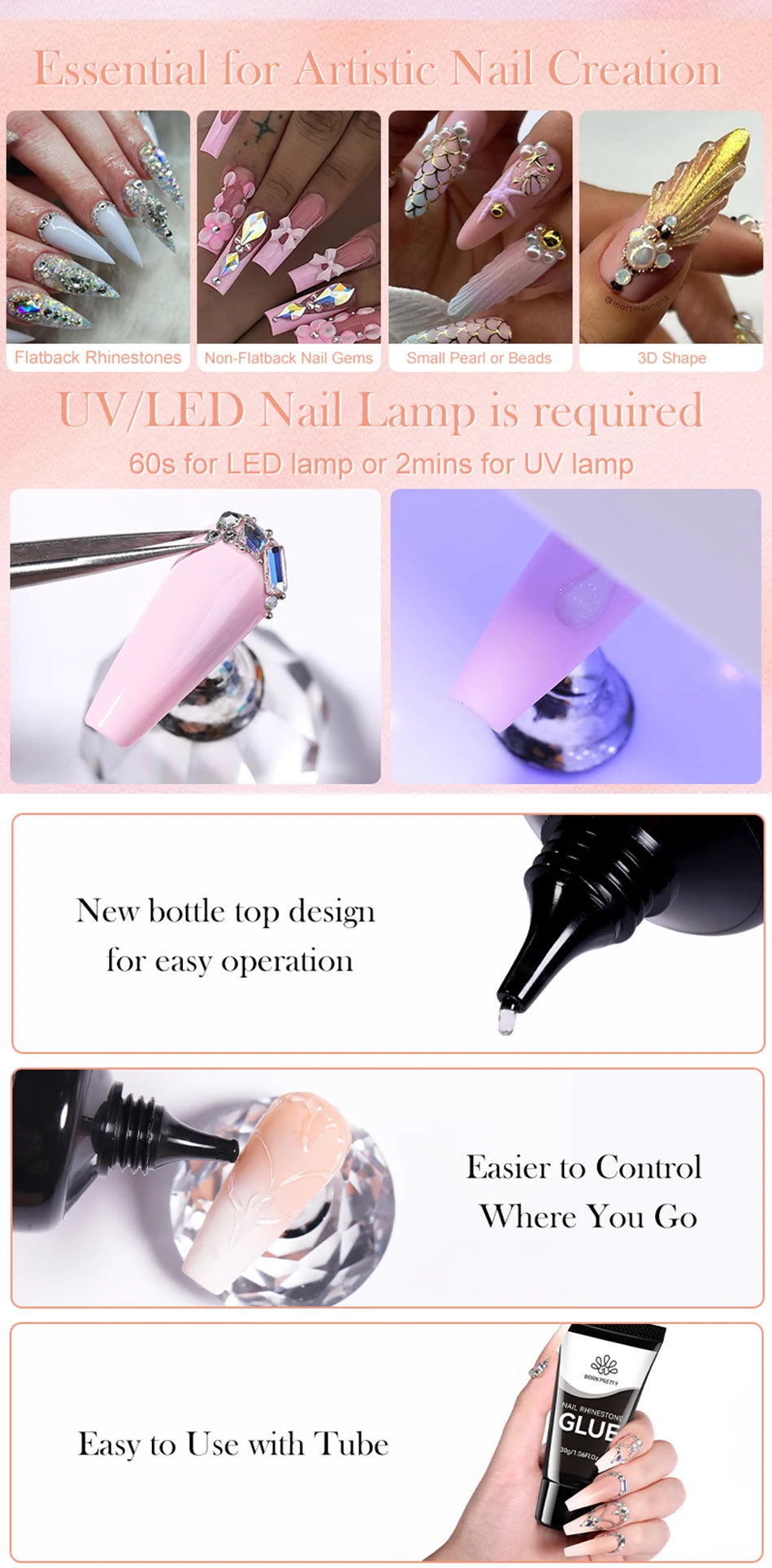 BORN PRETTY 30ml Rhinestones Glue Nail Gel Poloish For Manicure Transparent Nail Art Sticky Gel Strong Jewelry Decorations