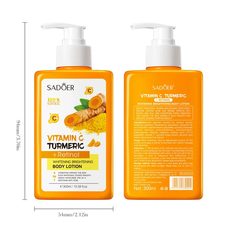 Turmeric Vitamin C Body Lotion Super Moisturizing Tender Firming Skin Brightening Face Cream Dark Spots Lighten  Skin Care 300ml
