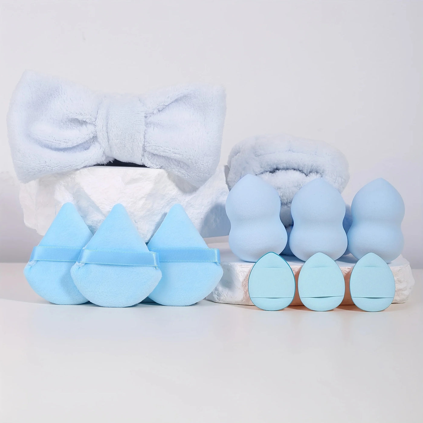12pcs Multi-colored Fluffy Headband and Makeup Sponge Set-Sweet Style, Perfect Beauty Assistant