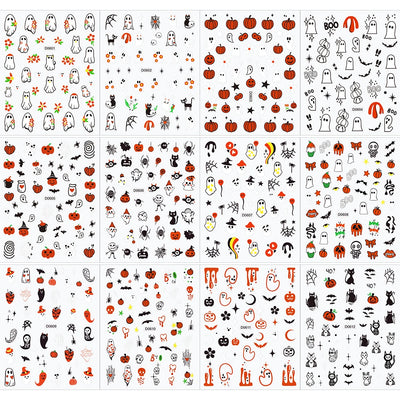 12Sheets Halloween Luminous Nail Art Stickers Cartoon Ghost /Pumpkin/Spider/Bat/Skull/Black-Cat Decals Manicure Adhesive Sliders