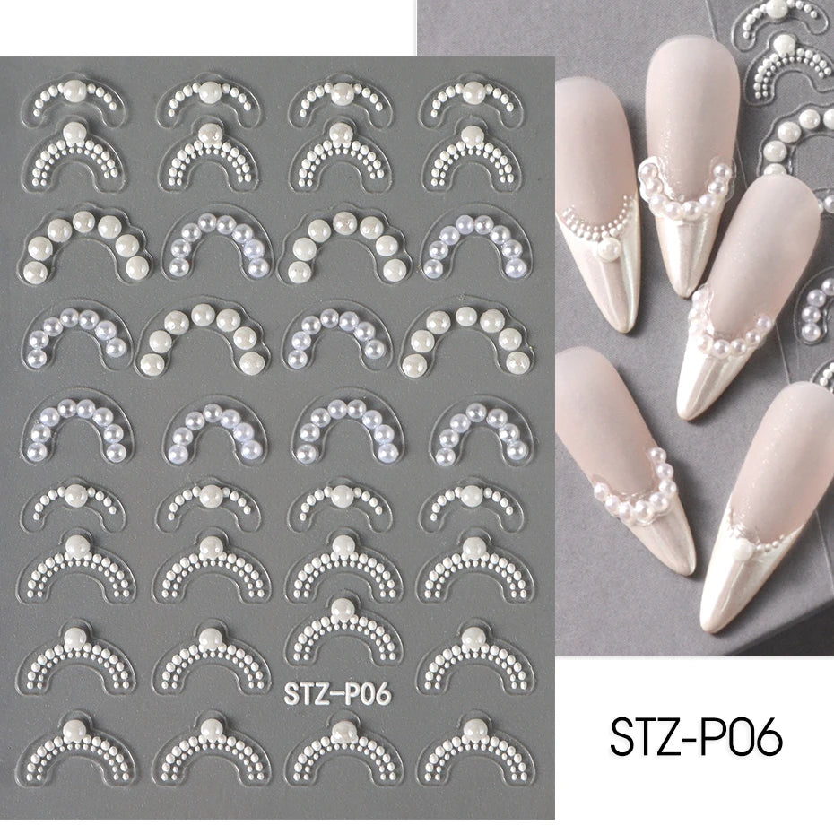 White 5D Pearl Lace Wave Lines Nail Art Stickers Elegant Exquisite Nail Decoration Decals Self Adhesive Transfer Slider Manicure