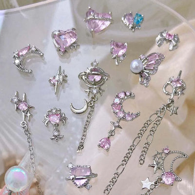 5pcs Pink Zircon Alloy Love Nail Art Charm 3D Bow Heart Moon Butterfly Planet Nail Decoration DIY Simple Design Nail Accessories