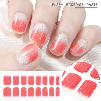 Semi-Cured Gel Nail Sticker 16Tips Glitter Pink UV Gel Nail Glitter Stickers Full Cover Long-Lasting UV Lamp Cured Manicure Tips