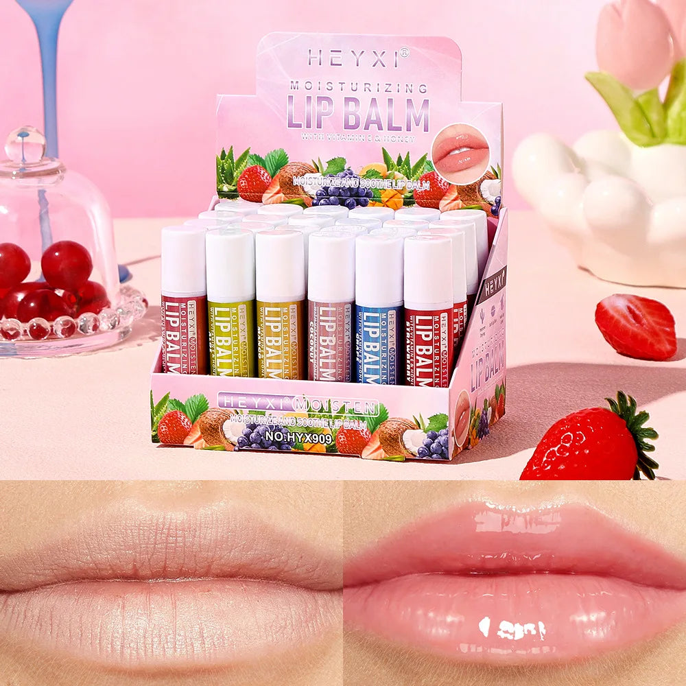 24pcs Fruit Flavored Lip Balm Set Natural Moisturizing Hydrating Non-sticky Winter Anti-Cracked Lip Balm Lips Skin Care