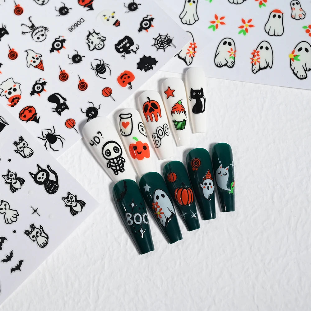 12Sheets Halloween Luminous Nail Art Stickers Cartoon Ghost /Pumpkin/Spider/Bat/Skull/Black-Cat Decals Manicure Adhesive Sliders