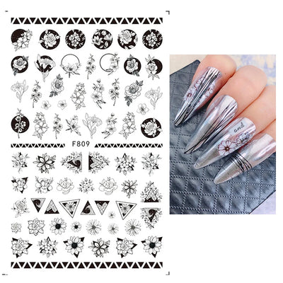Black White Line Flower 3D Nail Sticker Nail Art Supplies Bronzing Geometric Pattern Sticker Nail Decals Nail Parts Manicure
