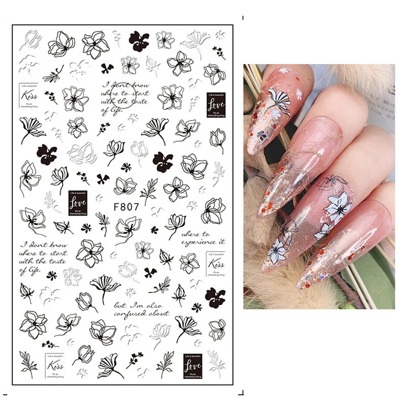 Black White Line Flower 3D Nail Sticker Nail Art Supplies Bronzing Geometric Pattern Sticker Nail Decals Nail Parts Manicure
