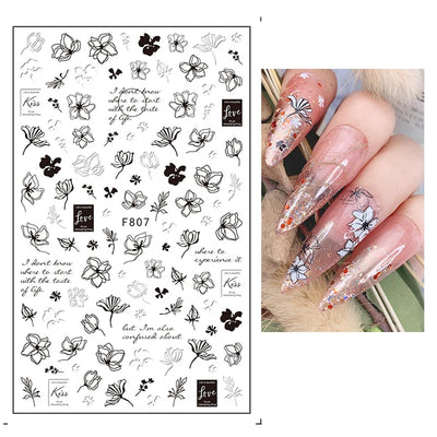Black White Line Flower 3D Nail Sticker Nail Art Supplies Bronzing Geometric Pattern Sticker Nail Decals Nail Parts Manicure